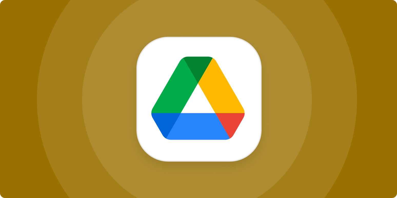 A hero image for Google Drive app tips with the Google Drive logo on a yellowish-brown background
