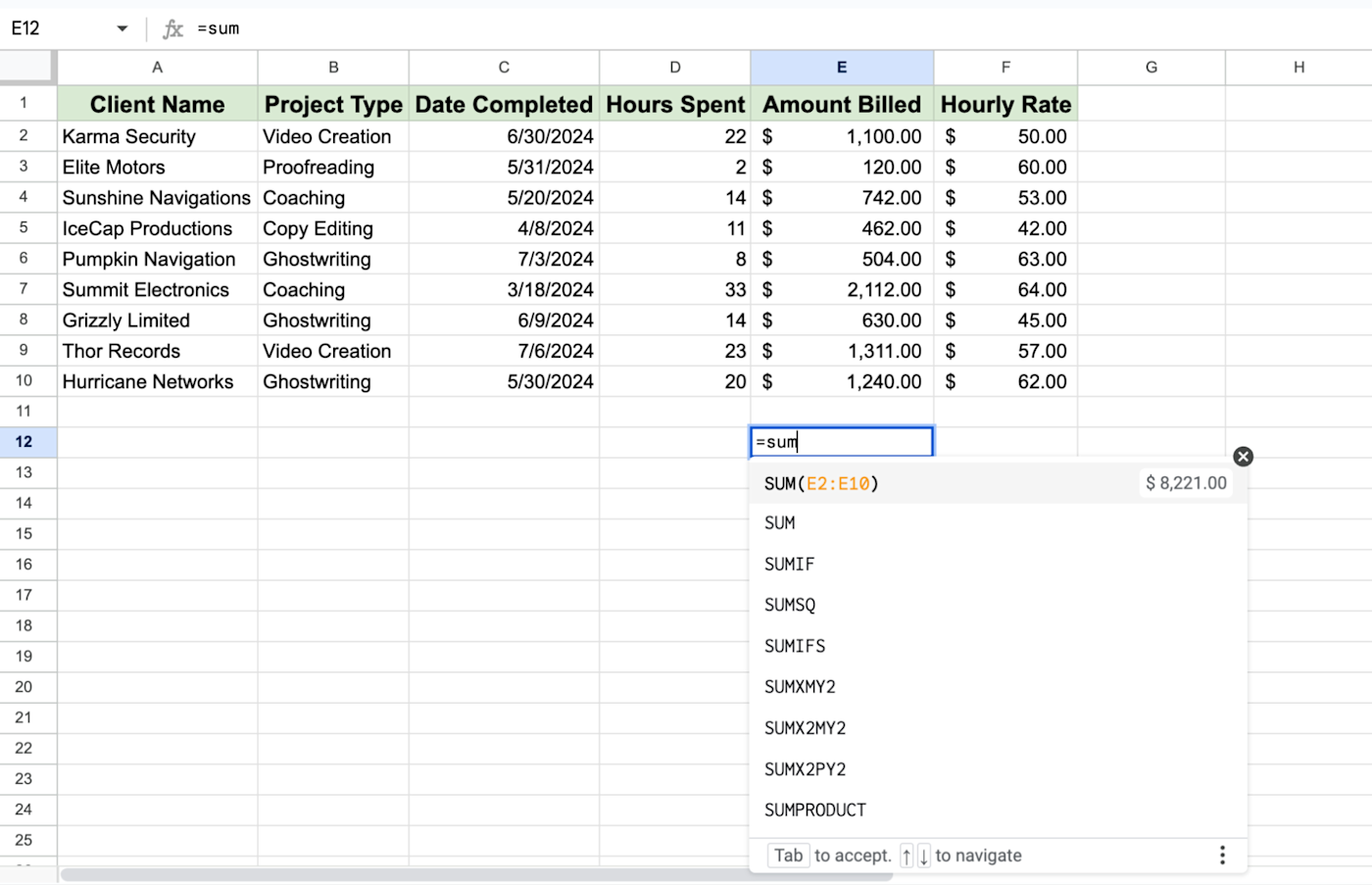 The =SUM function in a Google Sheet cell with a dropdown of related functions. 