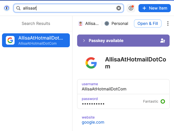 Screenshot of how 1Password fills in login information 