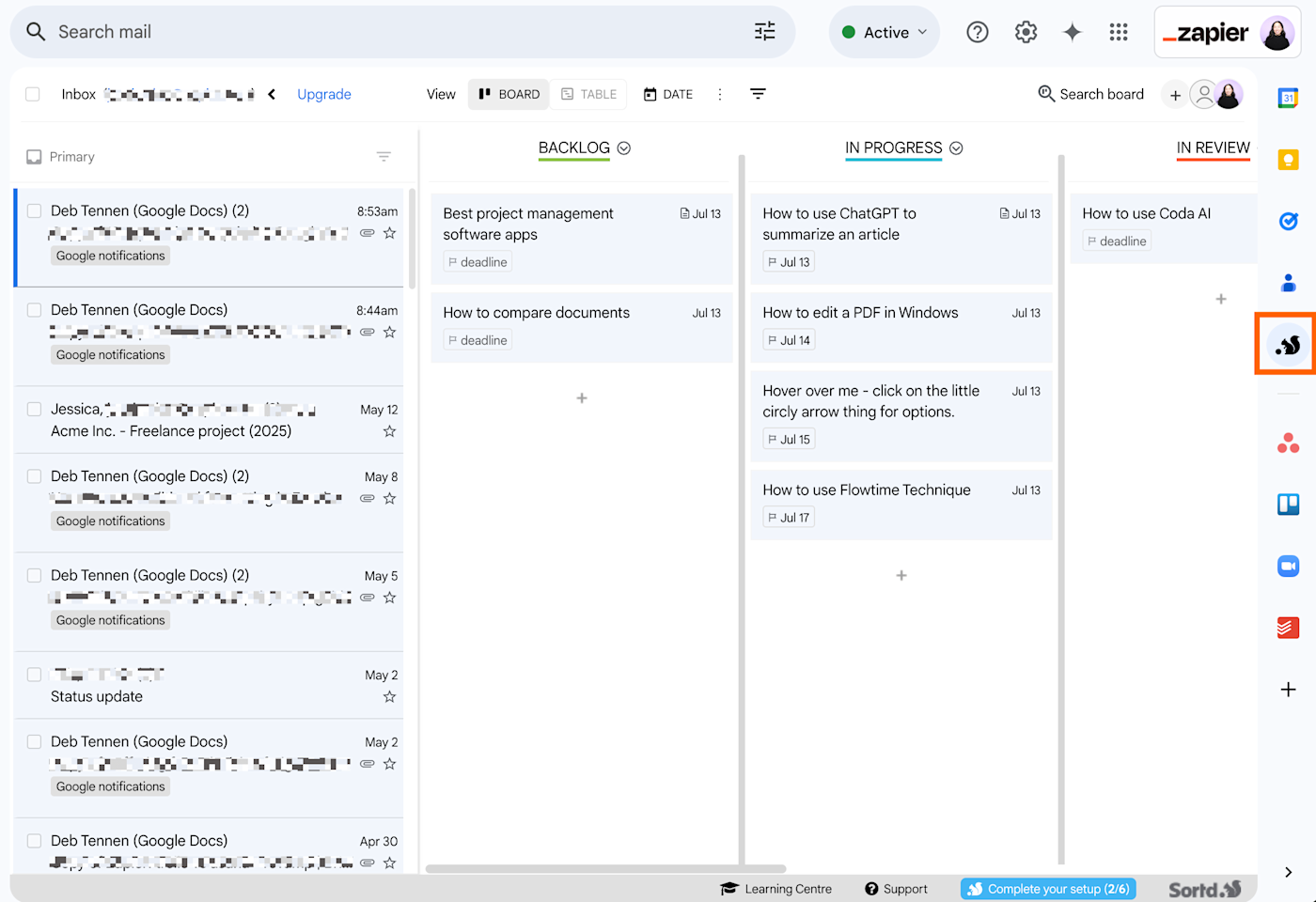Gmail inbox with a view of emails in a Kanban board using the Sortd for Gmail extension.