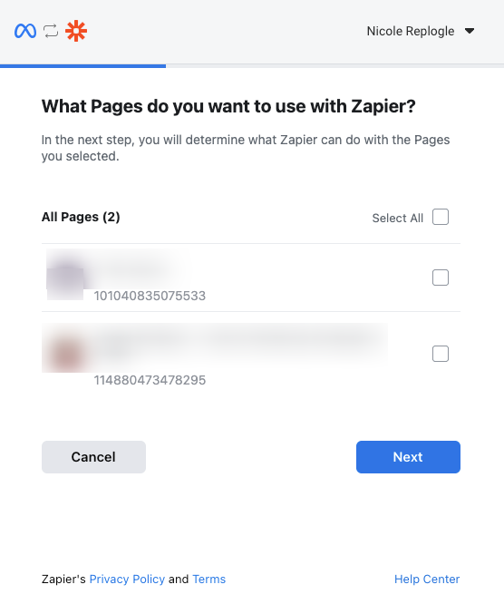 A popup asking which Facebook Pages you want to use with Zapier.