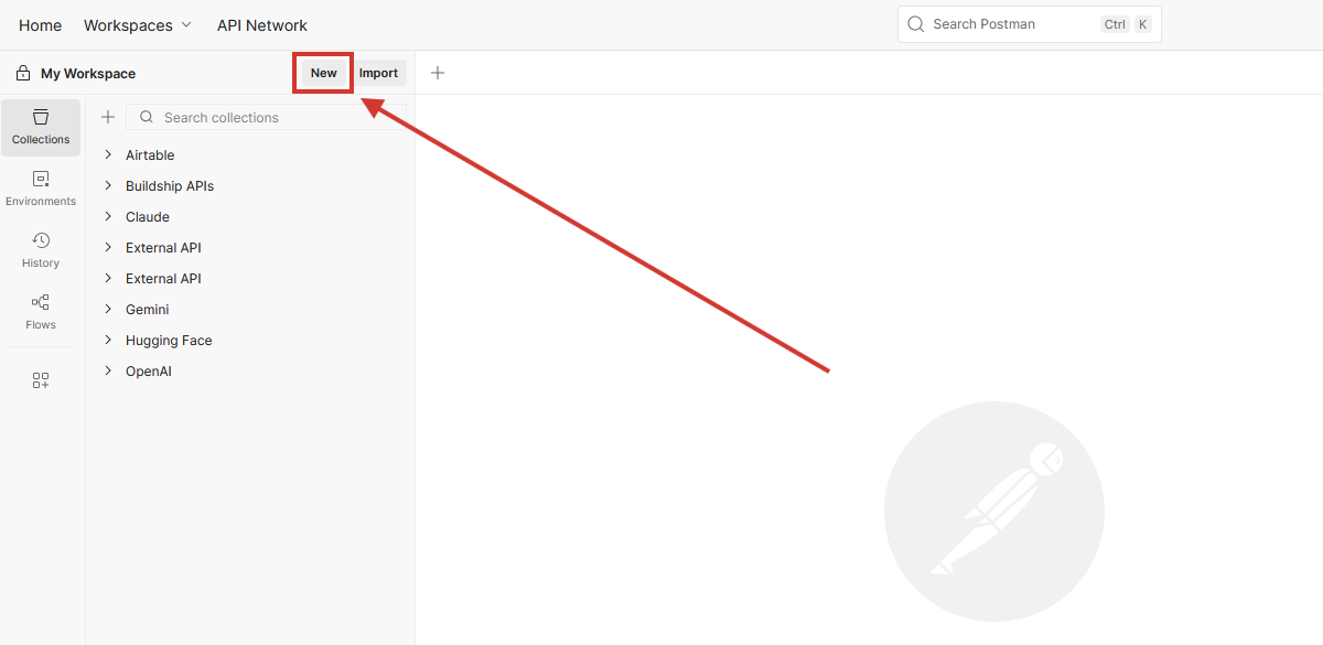 Clicking New in Postman