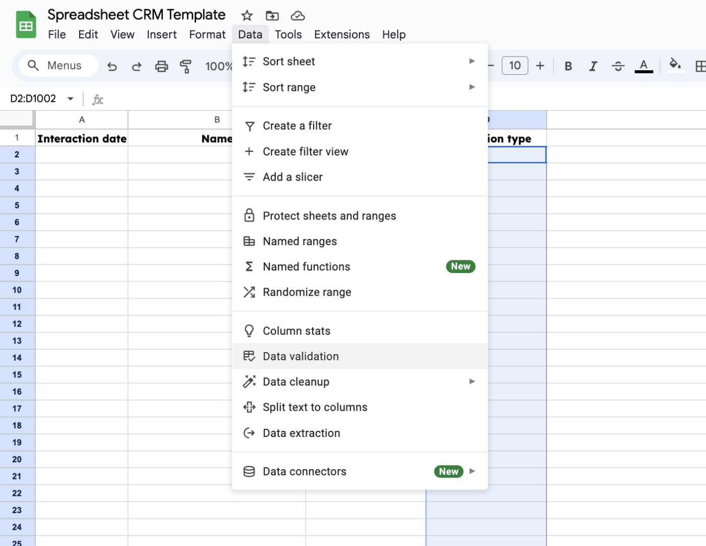 Screenshot of where to find the data validation window in Google Sheets