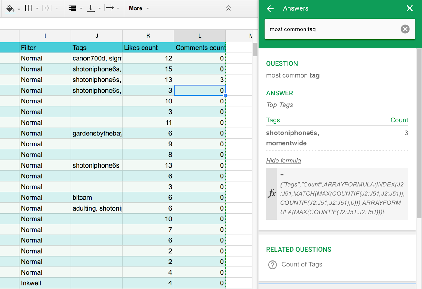 Google Sheets Explore Answers