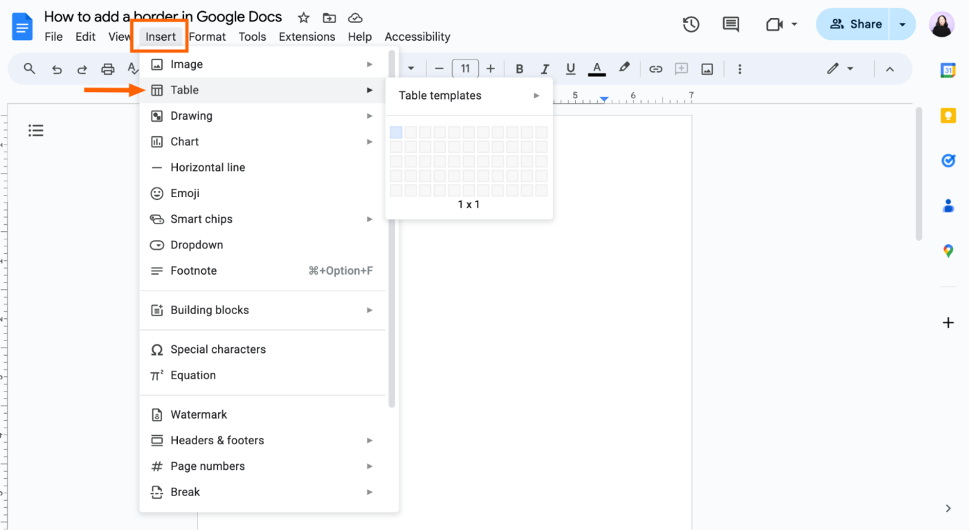 How to insert a table in Google Docs.