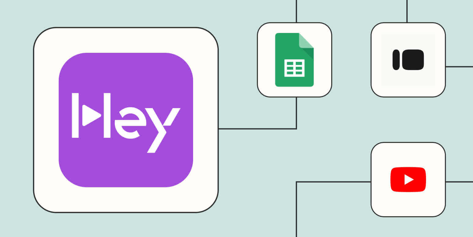 The HeyGen logo connected to the logos for Google Sheets, Typeform, and YouTube against a light blue background