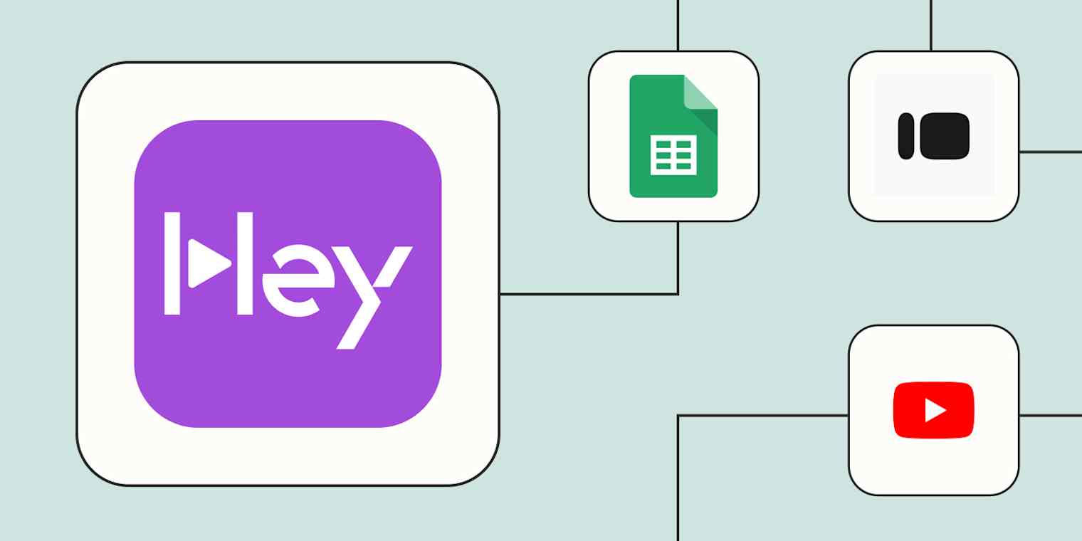 The HeyGen logo connected to the logos for Google Sheets, Typeform, and YouTube against a light blue background