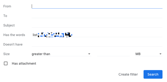 A pop-up search window in Gmail, where you can add search operators to filter messages.