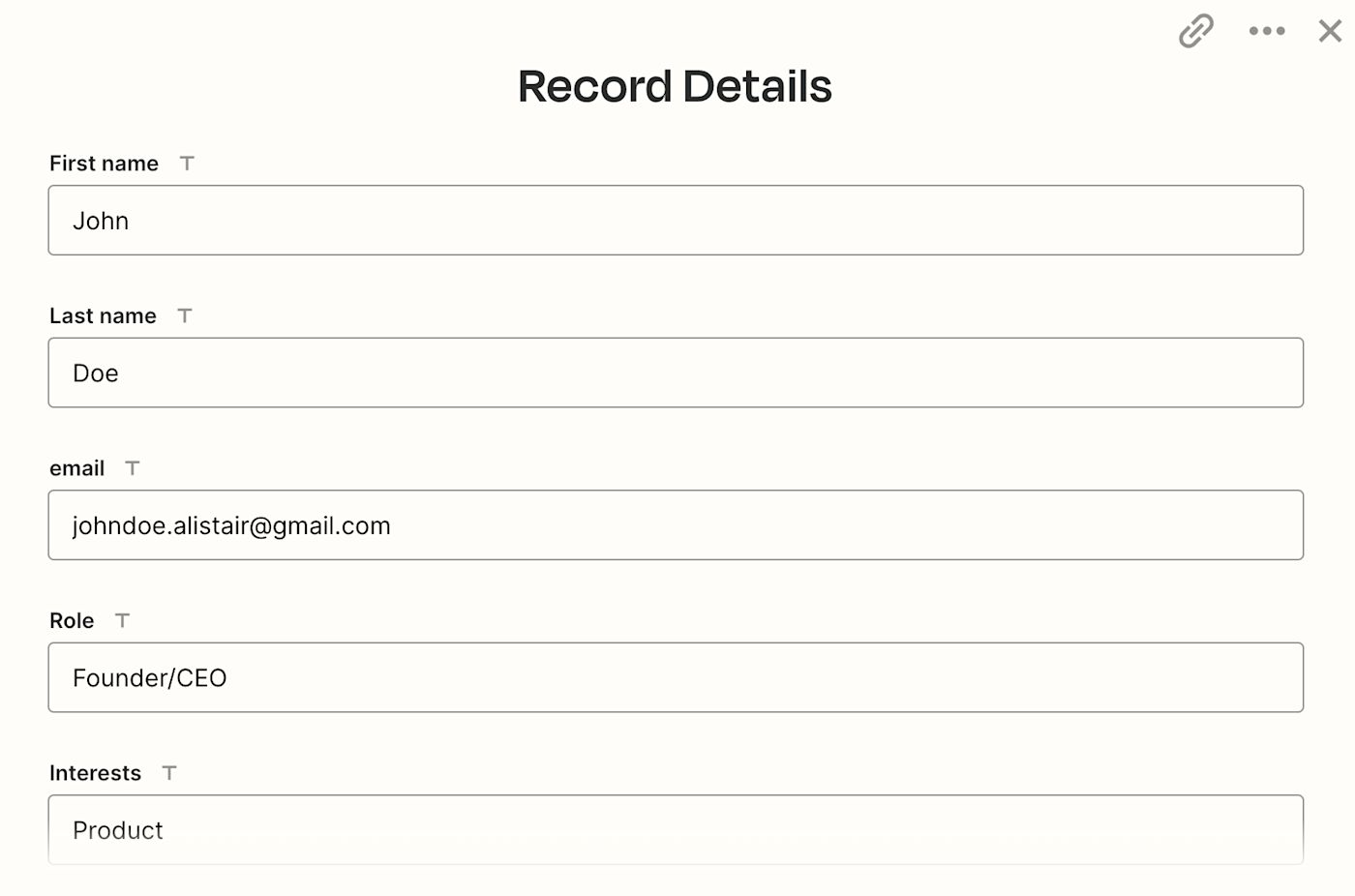 Screenshot of record details