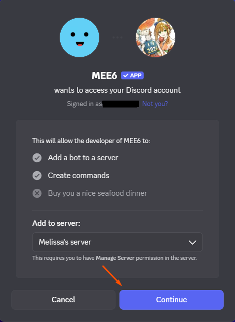 Screenshot showing how invite a bot to a specific Discord server