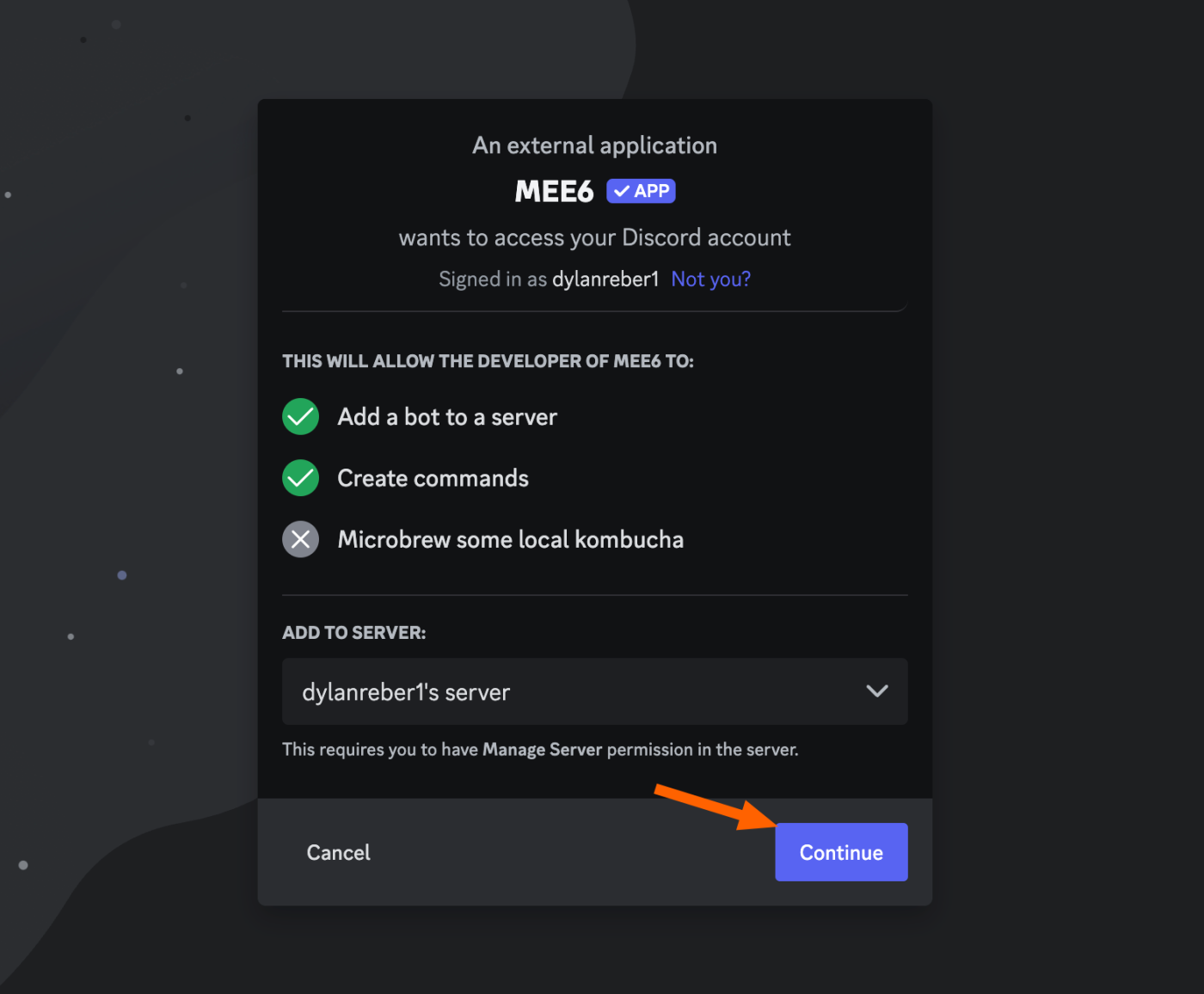 Screenshot showing how invite a bot to a specific Discord server