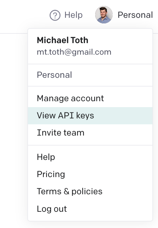 The settings tab in OpenAI with "View API keys" selected.