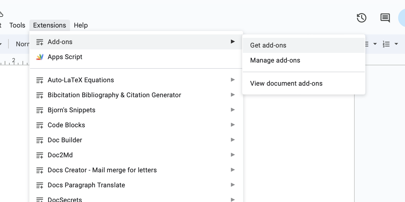 Expanded view of the extensions menu and add-ons sub-menu in Google Docs. 