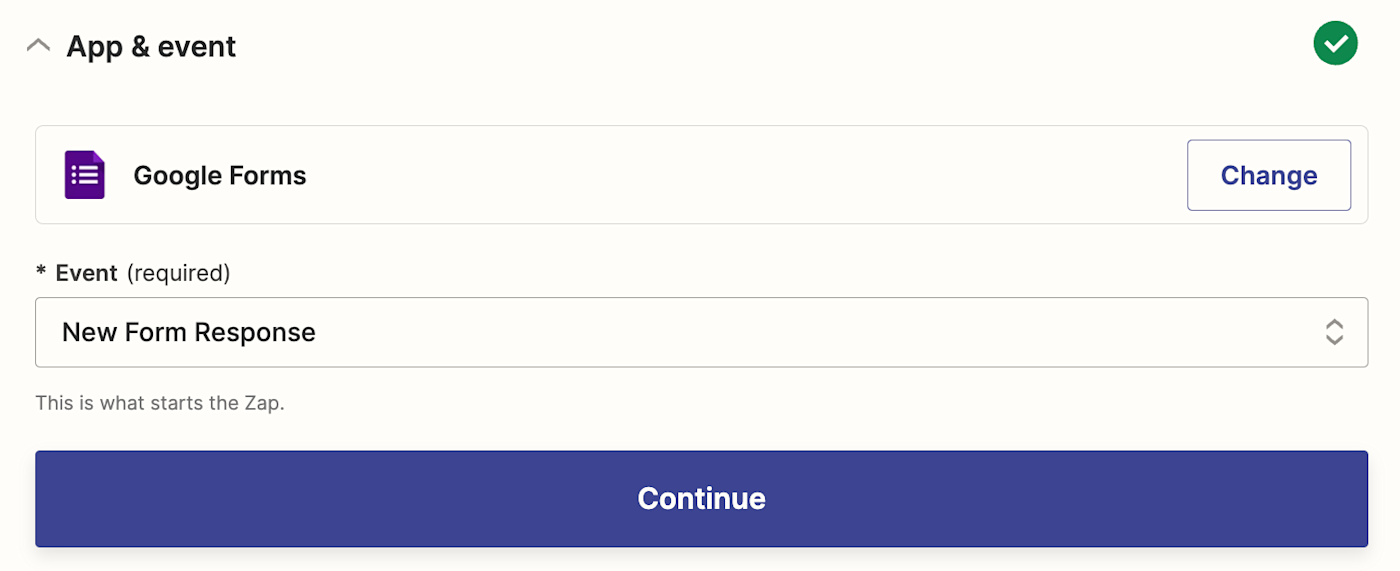 A trigger step in the Zap editor with Google Forms selected as the trigger app and New Form Response selected as the trigger event.