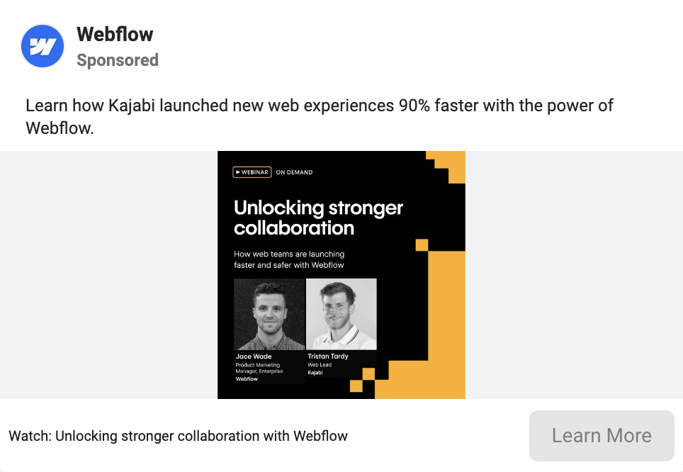 Webflow's Facebook webinar case study ad.