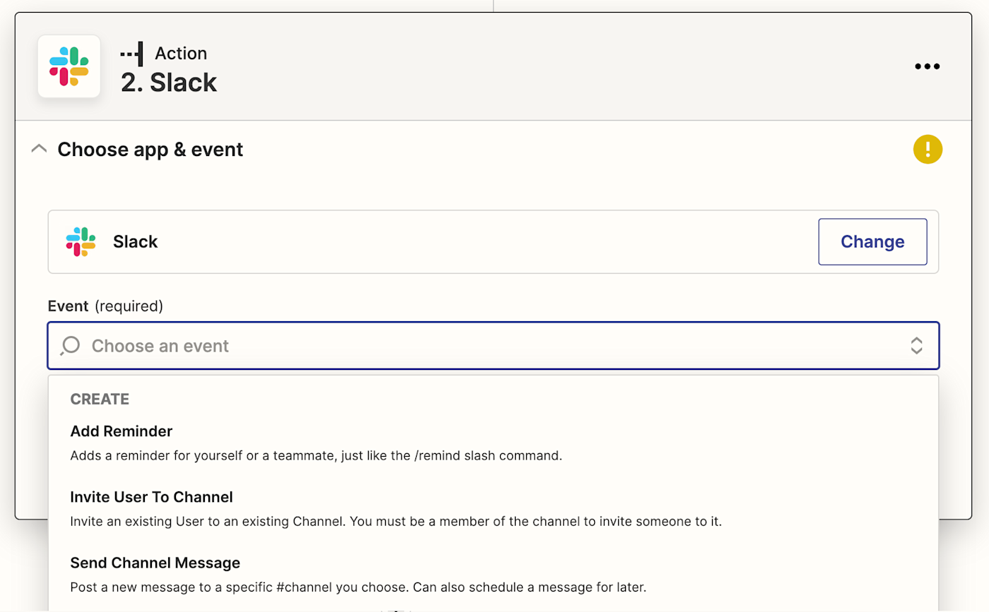 A dropdown labeled event shown open with Slack actions listed in it.