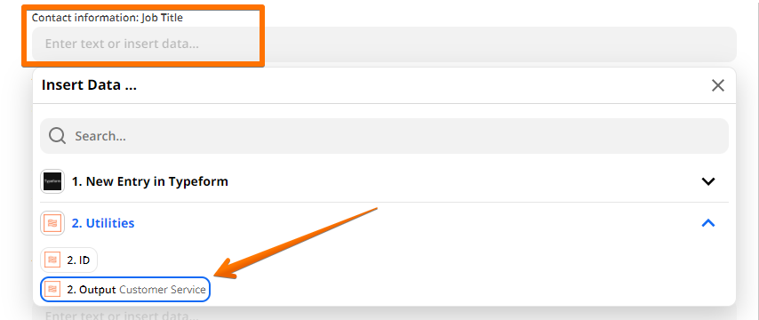 An arrow pointing to the data point "Output: Customer Service" in a dropdown menu under "Insert Data".