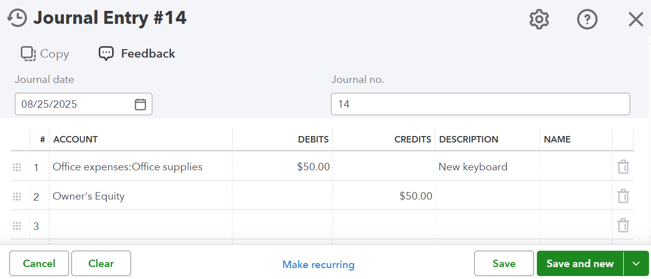 A journal entry in QuickBooks