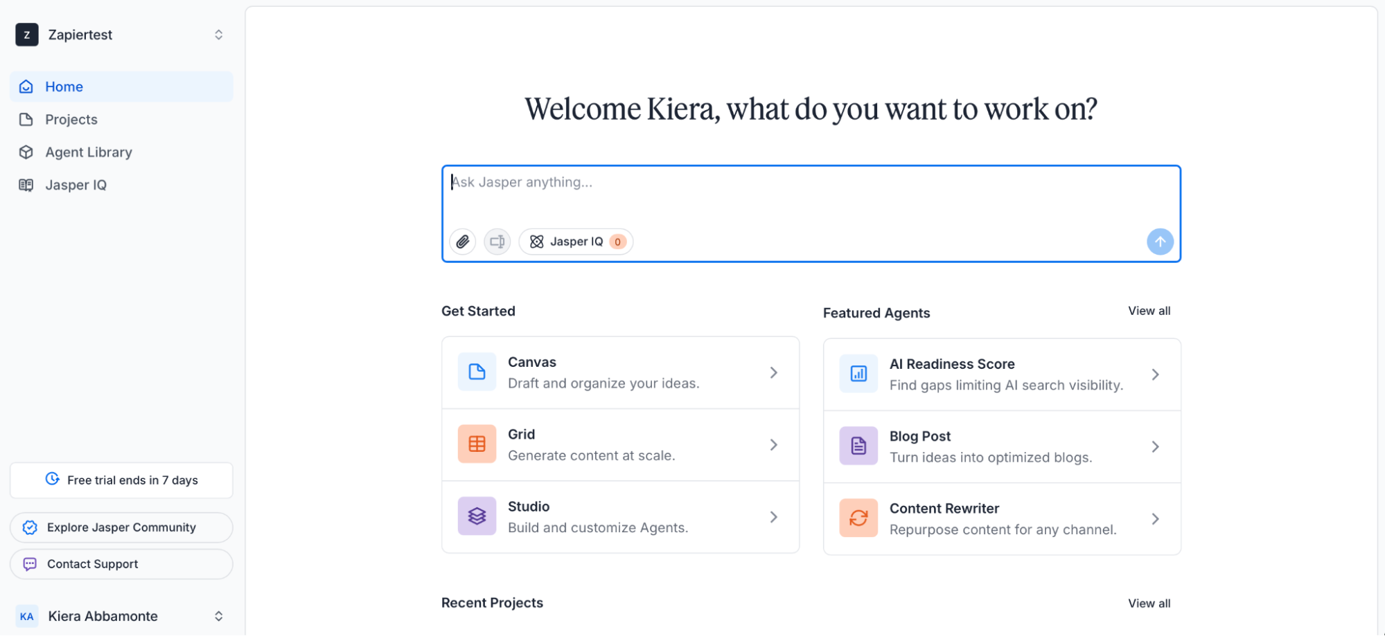 Jasper's dashboard, where you can start a chat