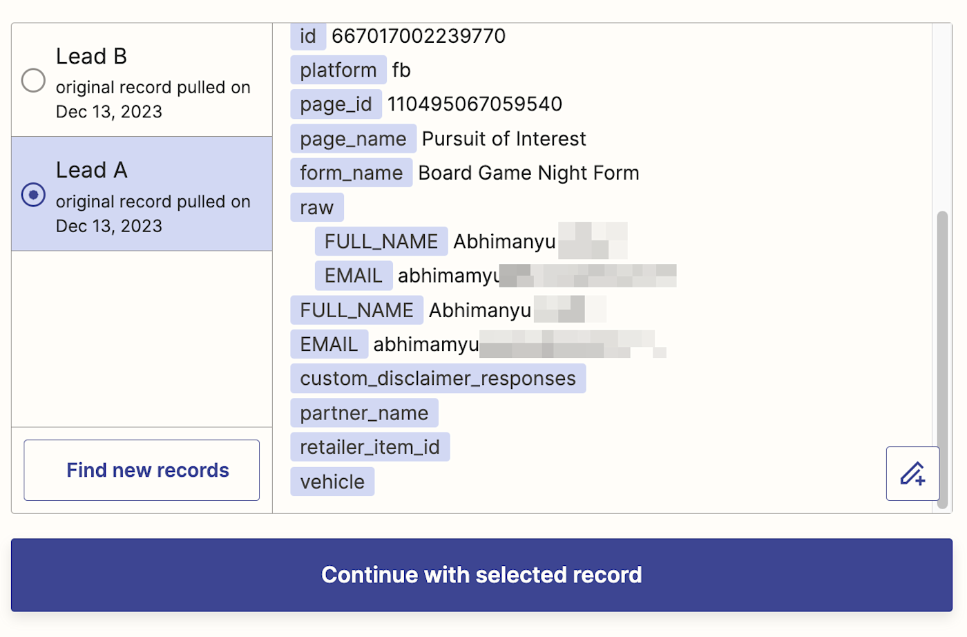 A selection of sample lead data from Facebook Lead Ads with one lead sample selected.