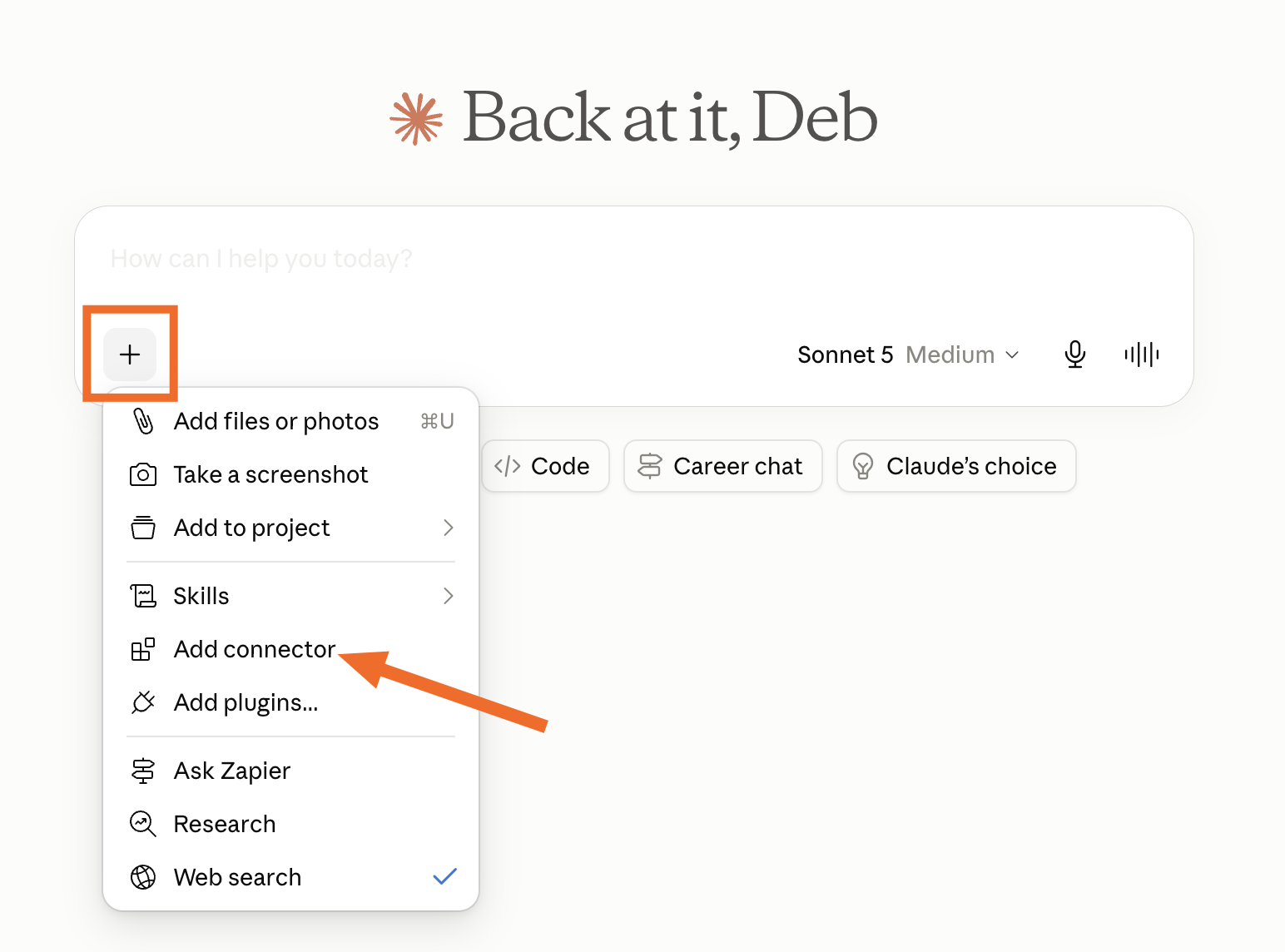 The Add connector option in Claude