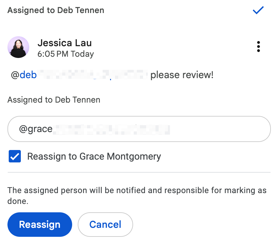 Comment in Google Docs with an option to reassign from Deb Tennen to Grace Montgomery.