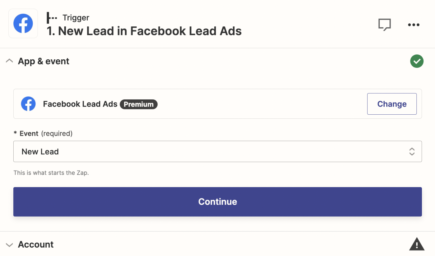 A screenshot of the setup for a Facebook Lead Ads action step in the Zapier editor.