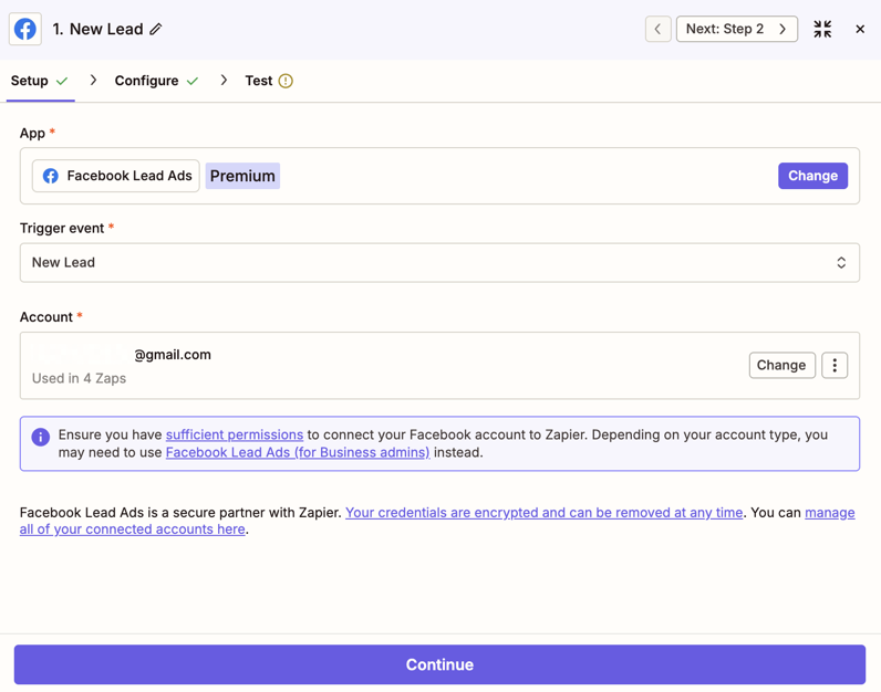 Zapier সম্পাদকে Facebook লিড বিজ্ঞাপন অ্যাকশন পদক্ষেপের জন্য সেটআপের স্ক্রিনশট।