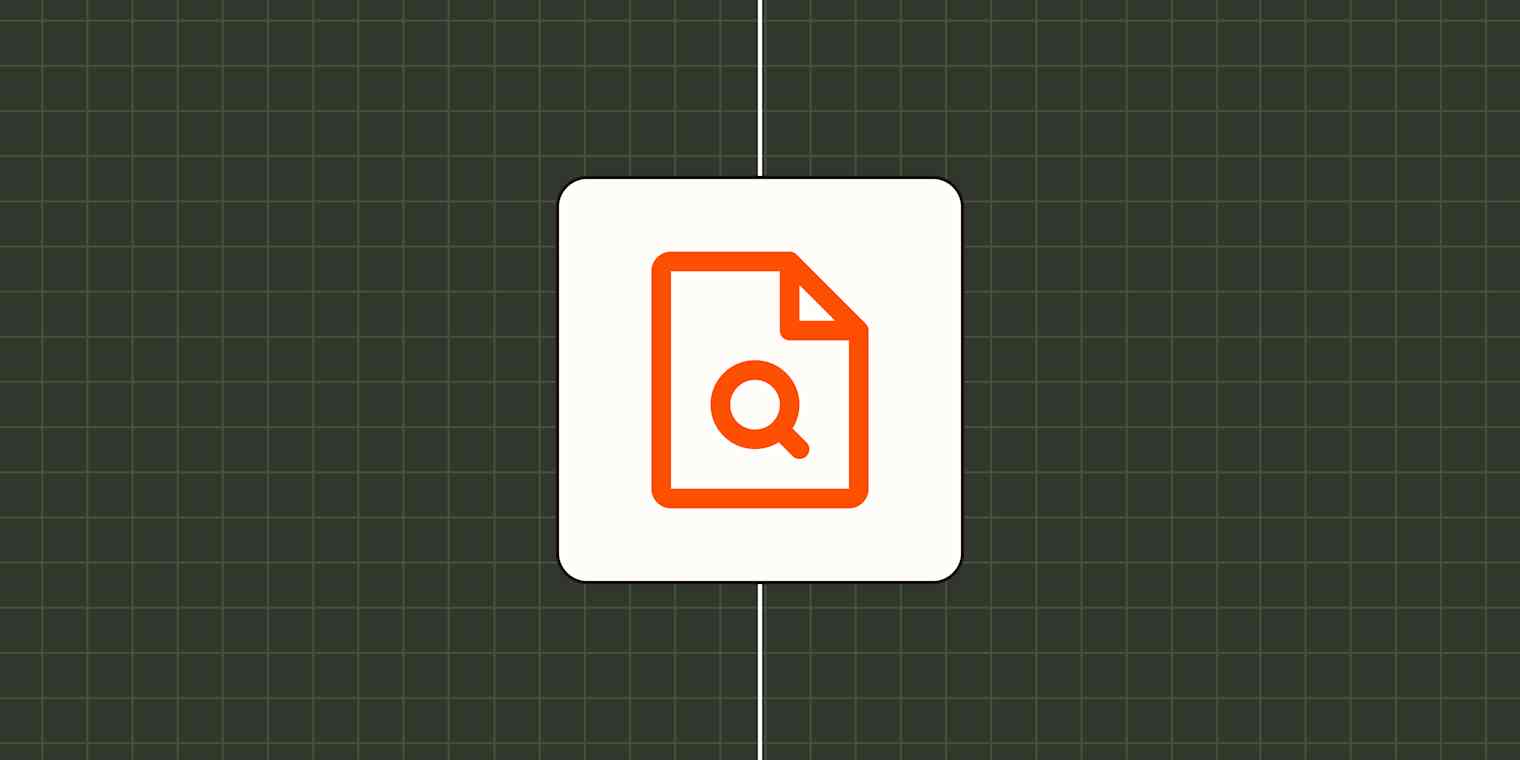 Icon of a magnifying glass on a page against a dark green, checkered background.