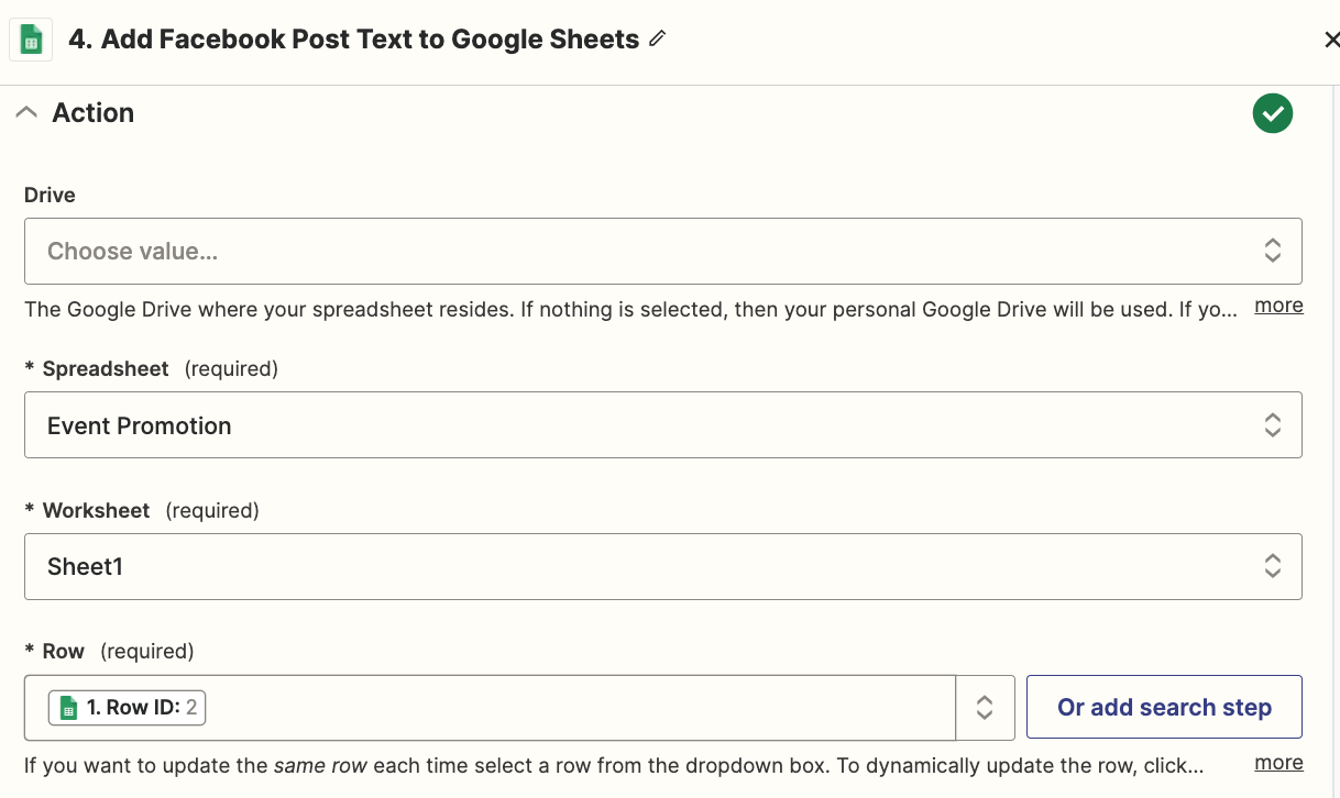 A Google Sheets action step in the Zap editor with fields filled out.