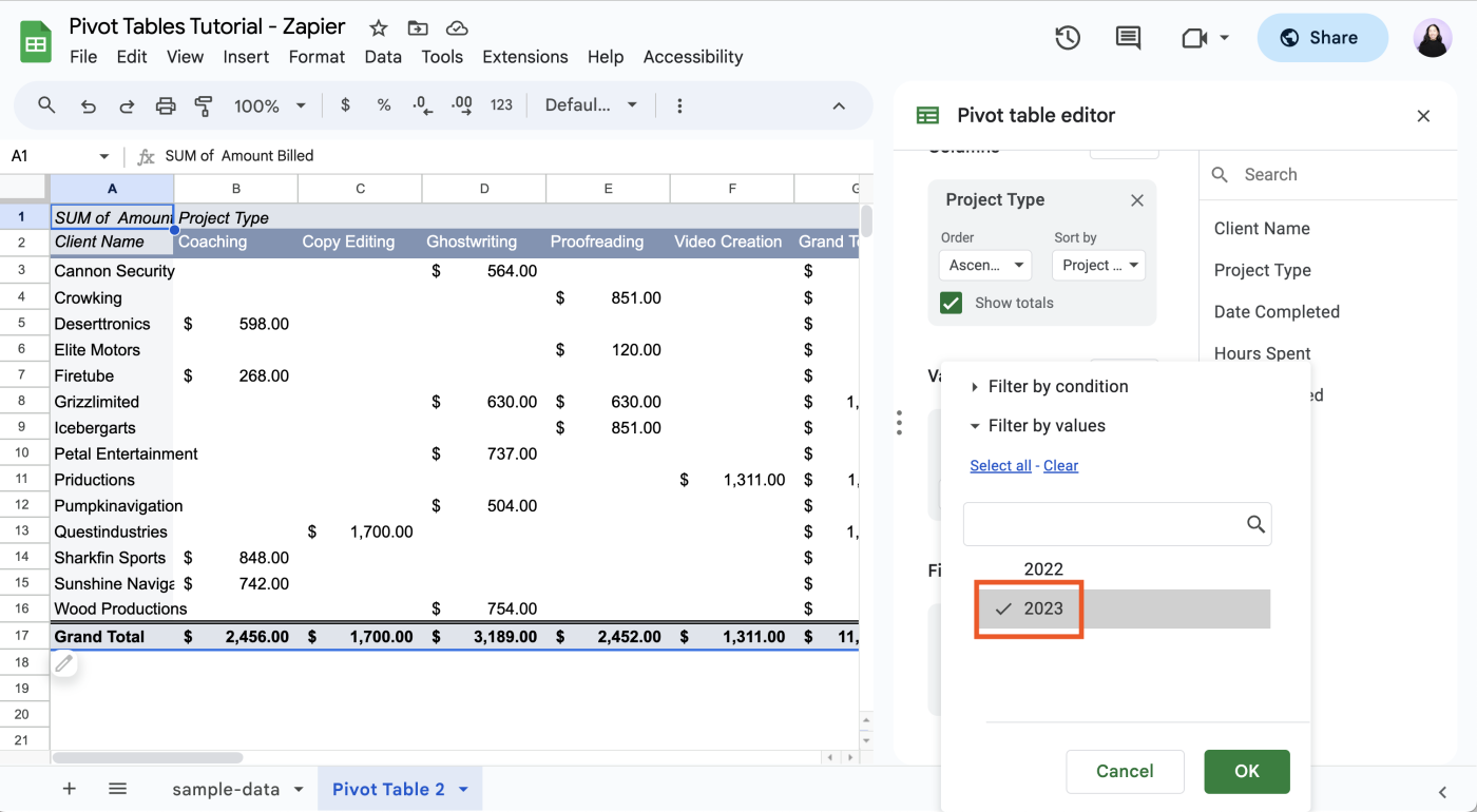 Filter option in the pivot table editor in Google Sheets. 
