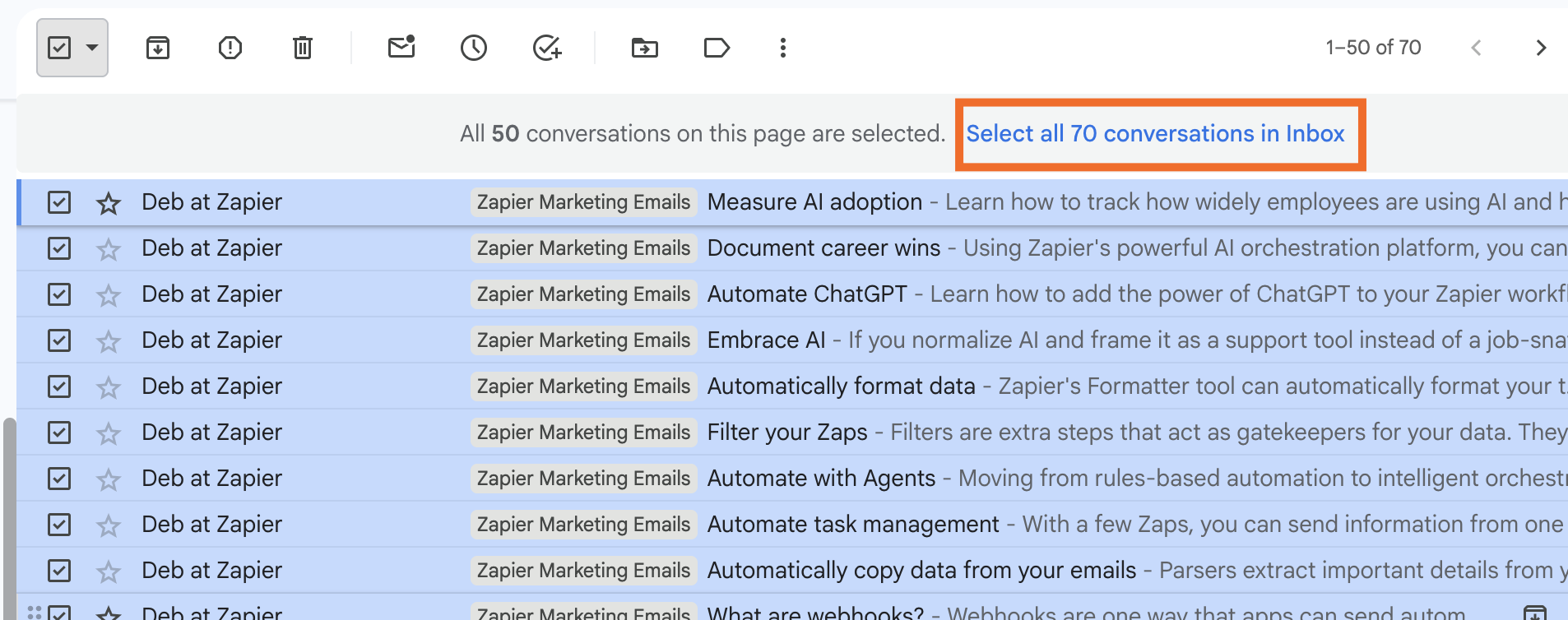The option to select all X conversation in your Gmail inbox