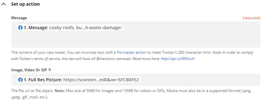 A screenshot of the setup for the Twitter action step showing the Facebook Page message under "Message" and the Facebook Full Res Picture under "Image, Video or GIF".