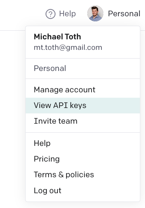 A settings menu in OpenAI with "View API keys" selected in the menu.