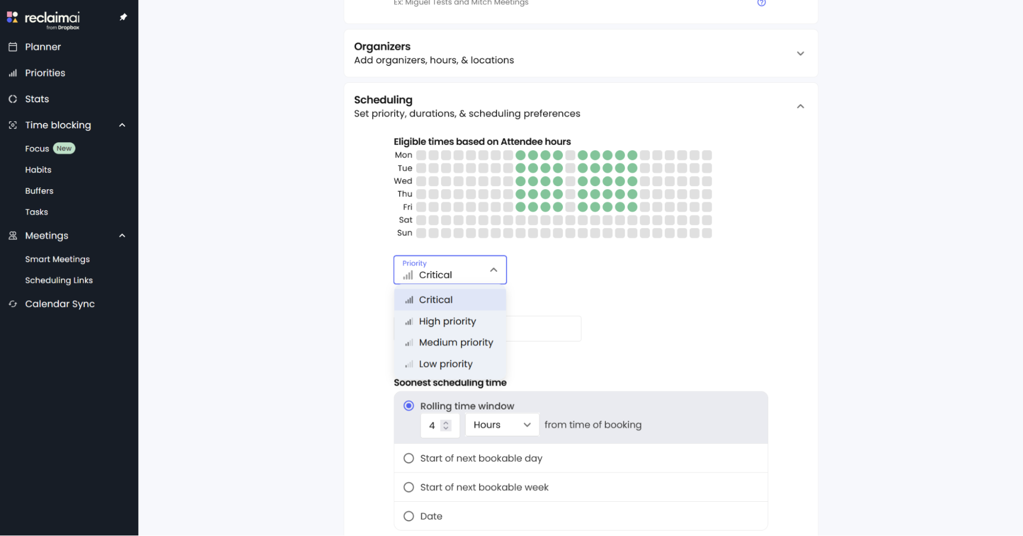 Reclaim, our pick for the best meeting scheduler for priority-based scheduling