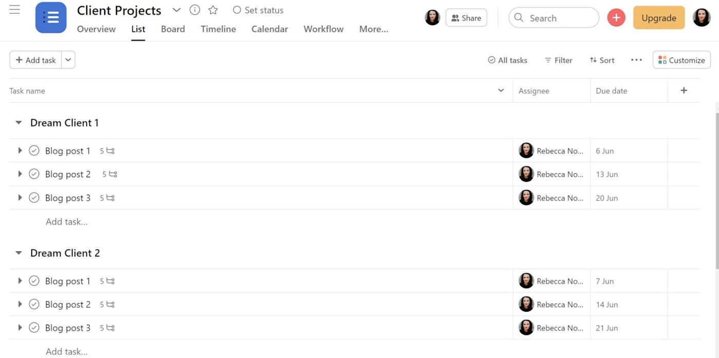 Asana list view