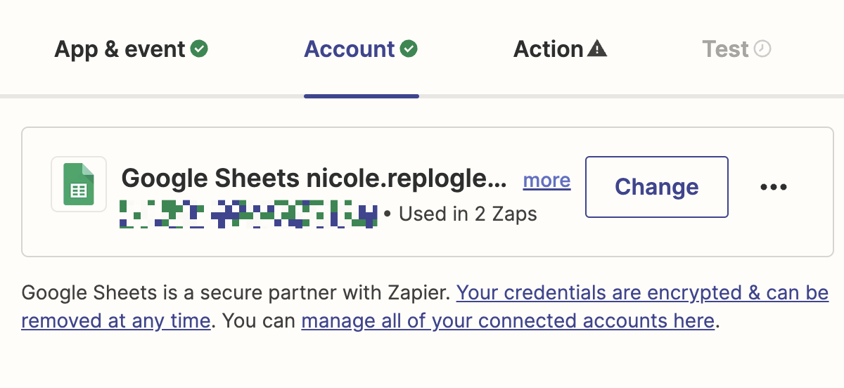 A Google Sheets account is selected in the Zapier editor