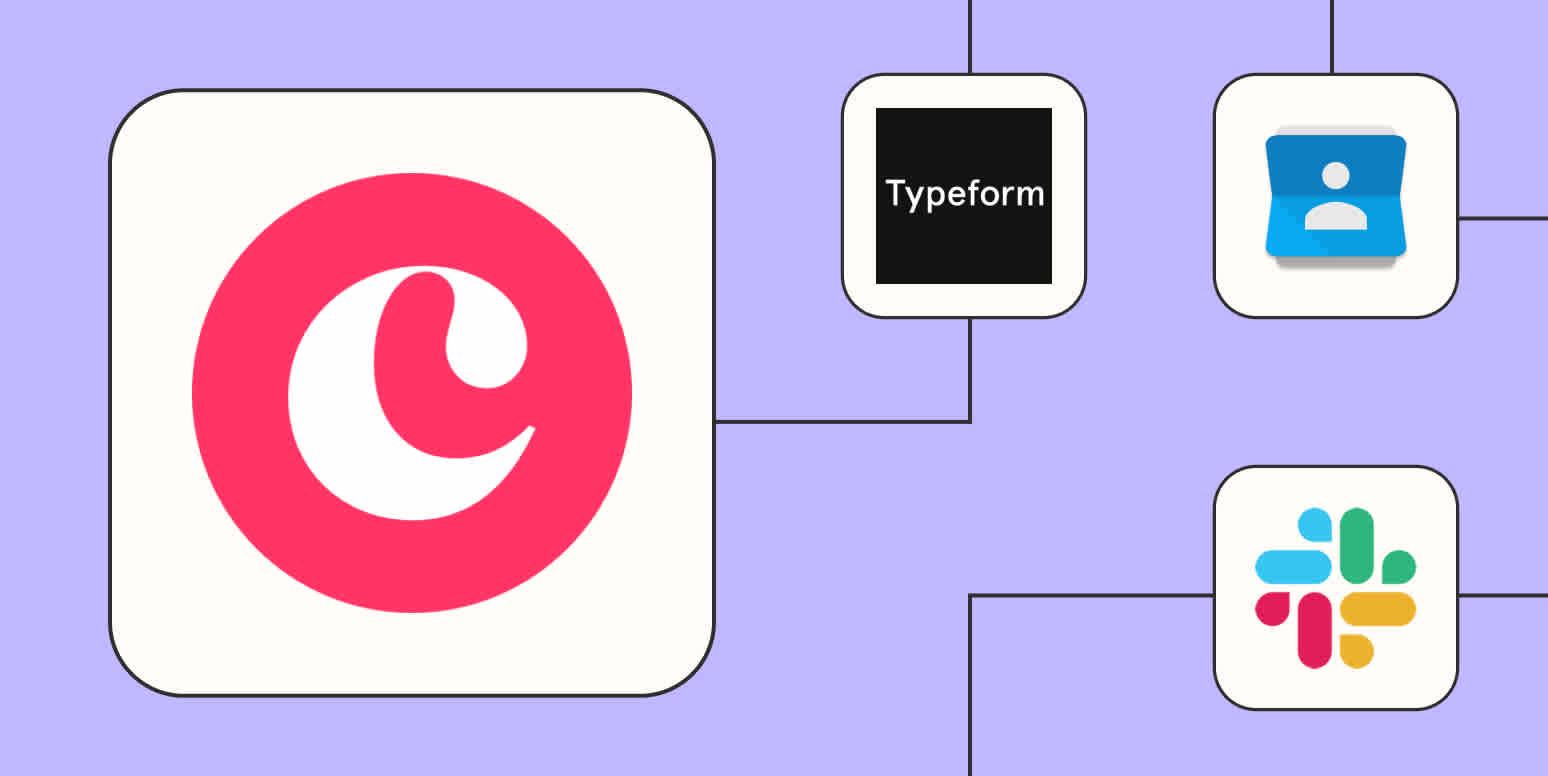The Copper logo connected to the logos for Typeform, Google Contacts, and Slack against a lavender background