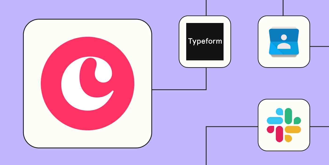 The Copper logo connected to the logos for Typeform, Google Contacts, and Slack against a lavender background