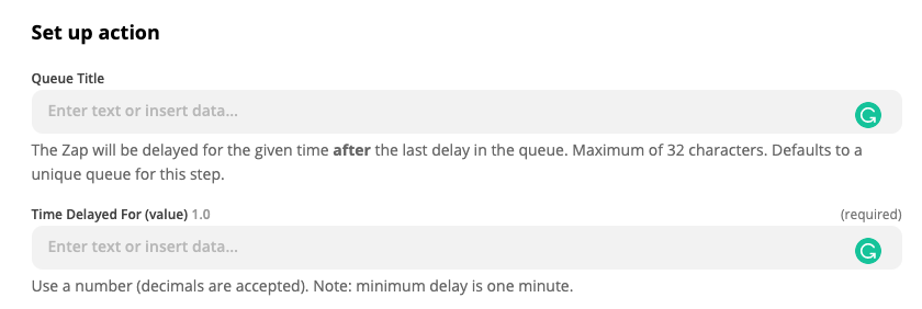 Zap editor settings for Delay After Queue.