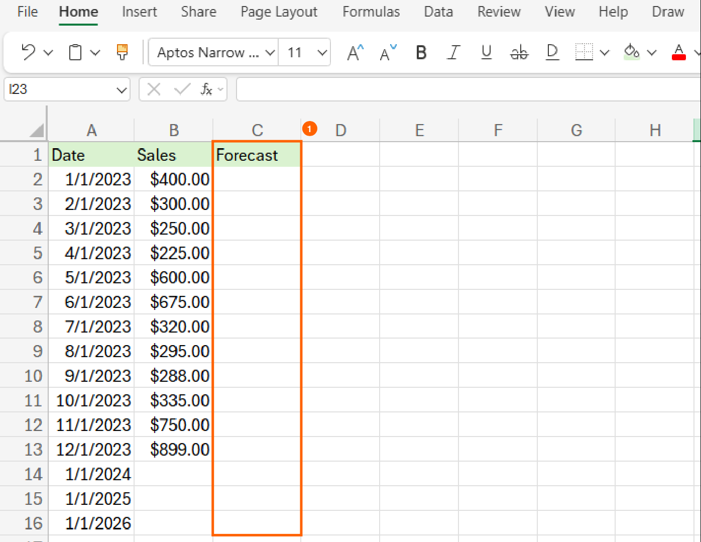 Screenshot illustrating the initial step in using Excel's FORECAST.LINEAR function, showing a designated "Forecast" column with future dates entered in the adjacent "Date" column.