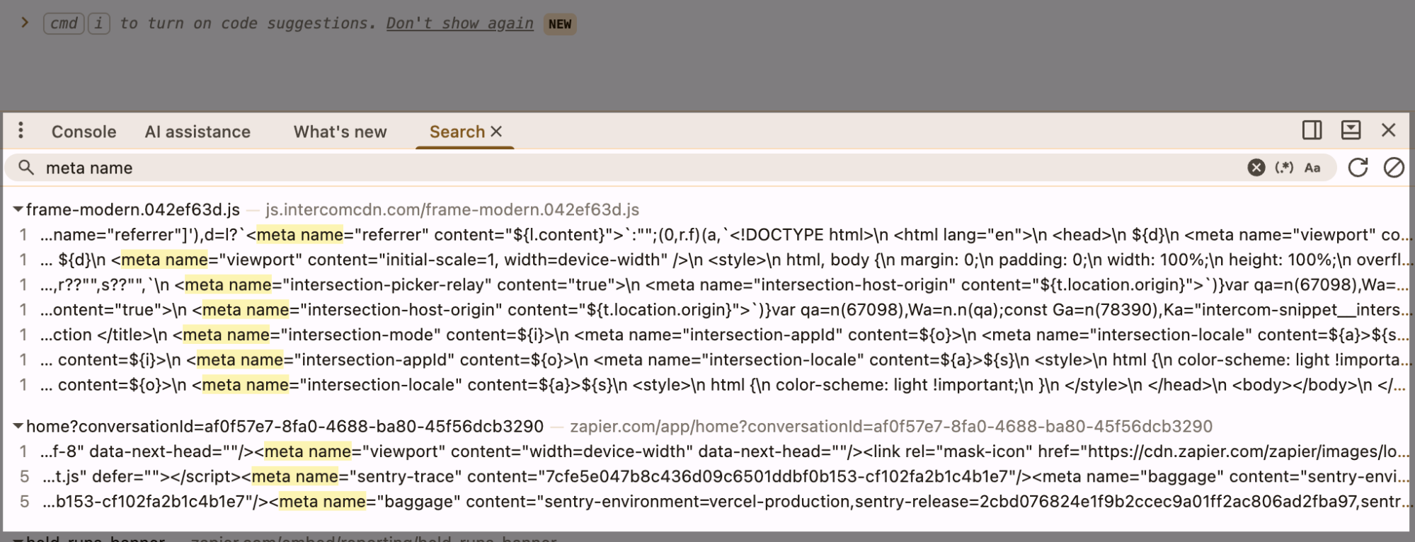 Example of searching for meta tags using the search feature in Inspect Element.