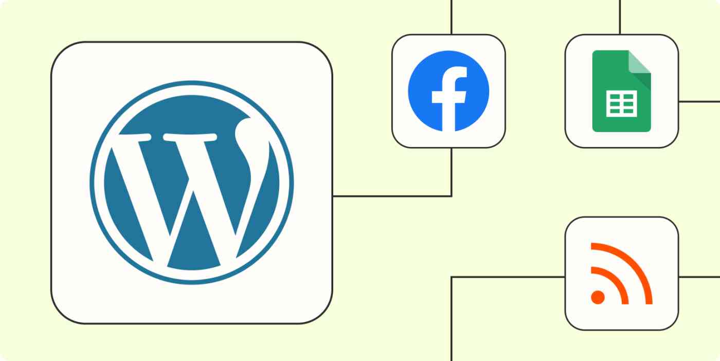 Hero image for automation inspiration of the WordPress logo connected by dots to the logos of Facebook, Buffer, and Excel