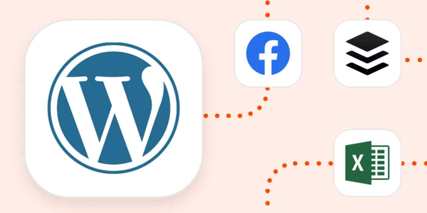 Hero image for automation inspiration of the WordPress logo connected by dots to the logos of Facebook, Buffer, and Excel