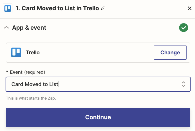 A trigger step in the Zap editor with Trello selected for the trigger app and Card Moved to List for the trigger event.