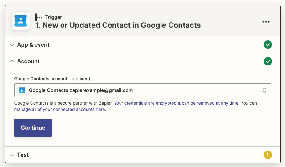 A Google Contacts account is shown selected in the account field.