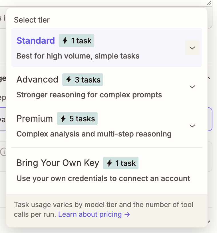 The model picker in AI by Zapier, with tasks attached