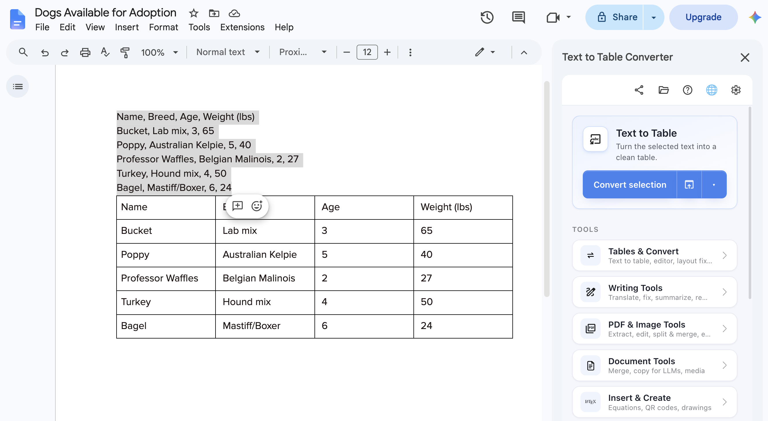 Google Doc with a formatted table and the TableMate Google Docs add-on visible in the side panel.