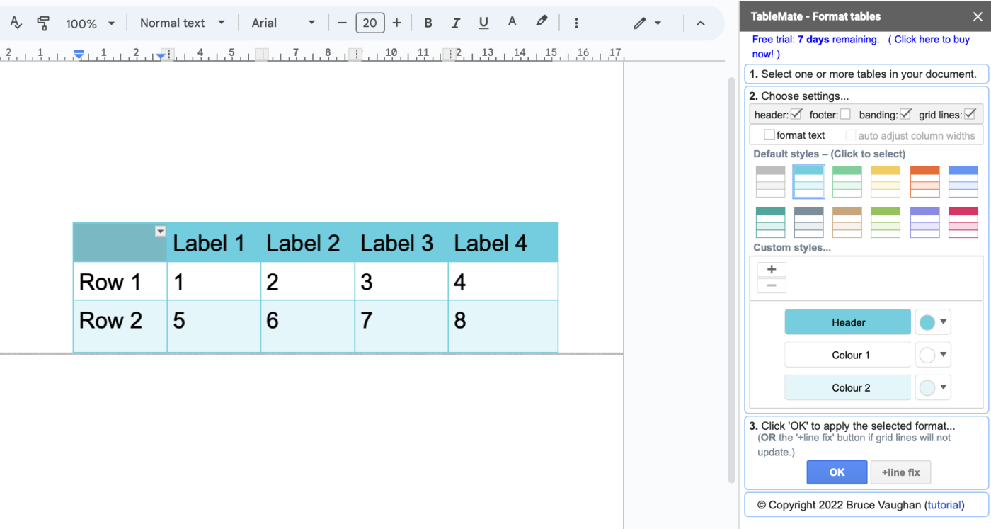 Google Doc with a formatted table and the TableMate Google Docs add-on visible in the side panel.