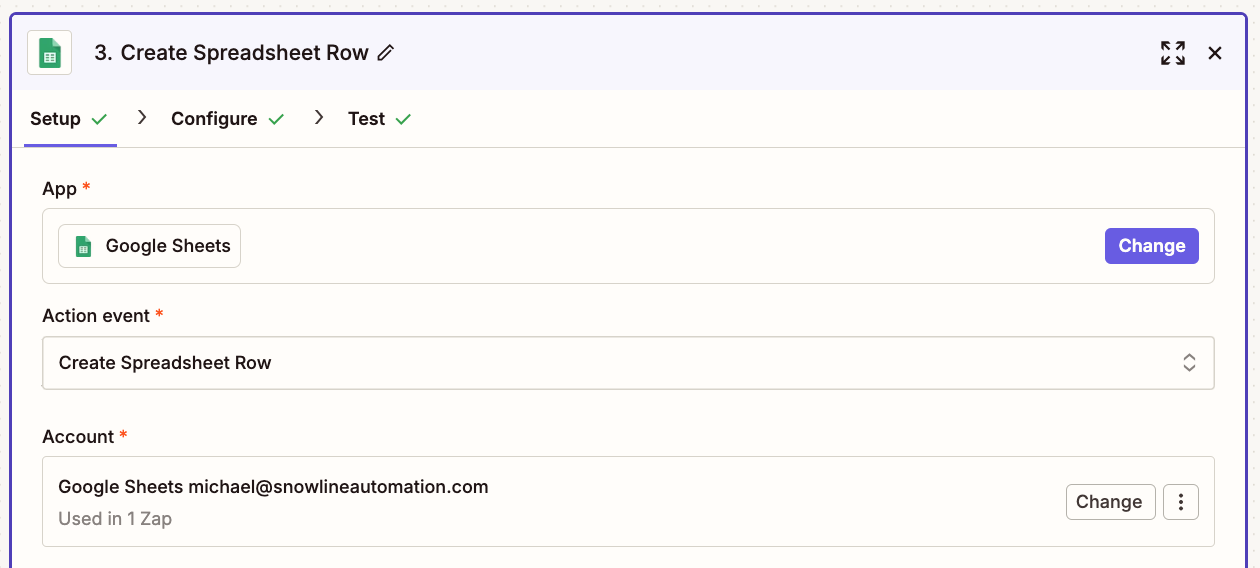 An action step in the Zap editor with Google Sheets selected for the action app and Create Spreadsheet Row for the action event.